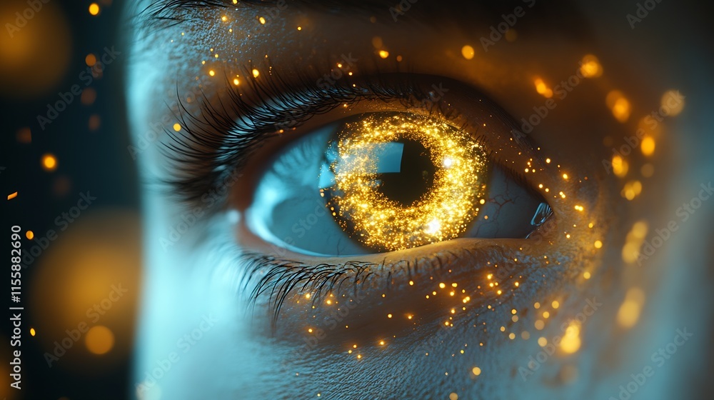 Poster close-up macro eye with illuminated golden digital sparks in futuristic virtual world : generative a