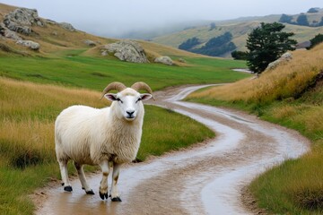 Obraz premium In this serene spring scene, a sheep stands by a winding path, surrounded by lush grass and wet soil, signaling the thaw of winter as nature awakens anew.