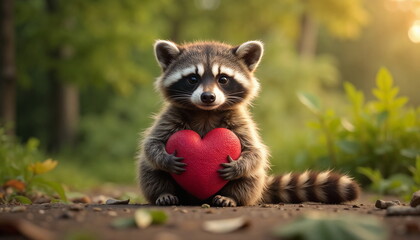 Cute fluffy raccoon sitting upright, holding a bright red heart in its little paws, Valentine's Day
