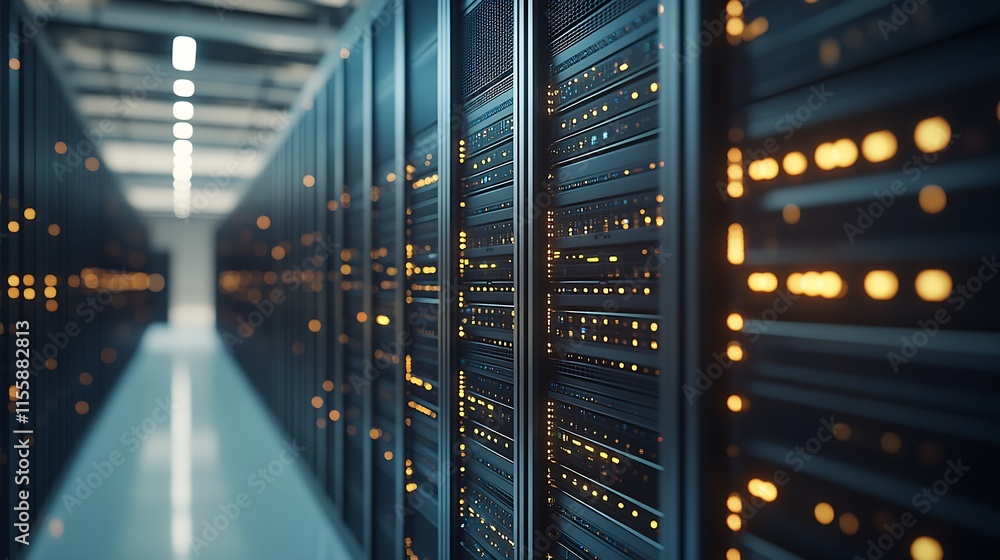 Poster Advanced Data Center Server Rack with LED Lights in High-Tech Facility : Generative AI