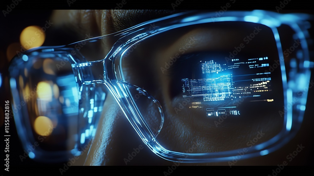 Poster closeup of high-tech digital interface reflected in glasses on concentrated person : generative ai