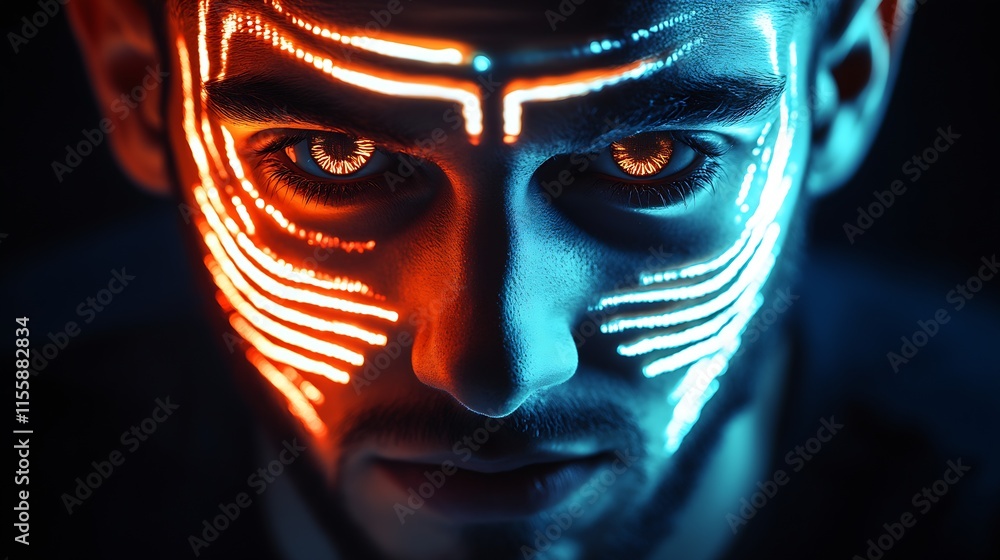 Poster Futuristic cyberpunk portrait with glowing geometric face paint in blue and orange : Generative AI