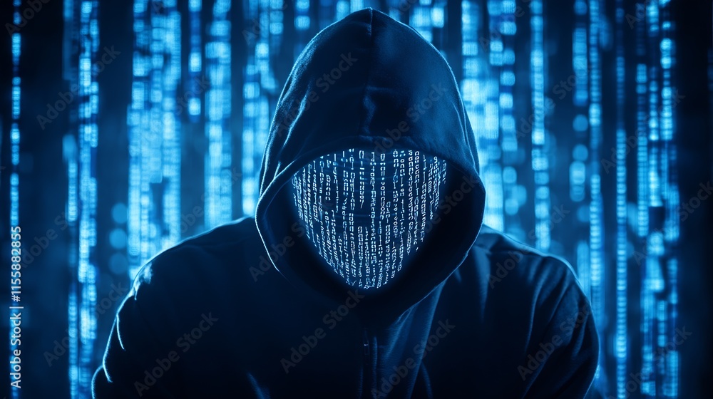 Aufkleber Hacker with Digital Code Face in Cybersecurity Concept Illustration : Generative AI