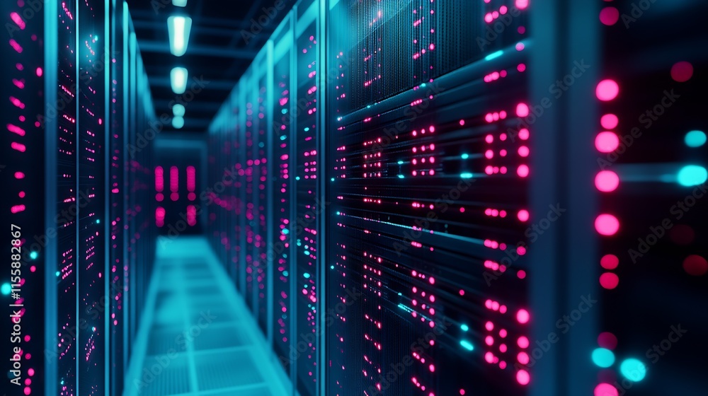 Aufkleber Abstract perspective view of modern server racks with glowing blue and pink LED lights in futuristic data center : Generative AI