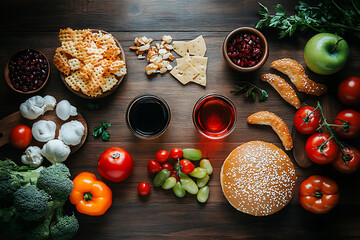 featuring healthy vegetarian food versus unhealthy processed fast food


