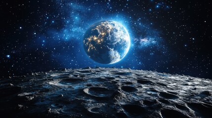 Detailed Craters on a Realistic Moon Surface: 3D Render of the Celestial Body in Night Space