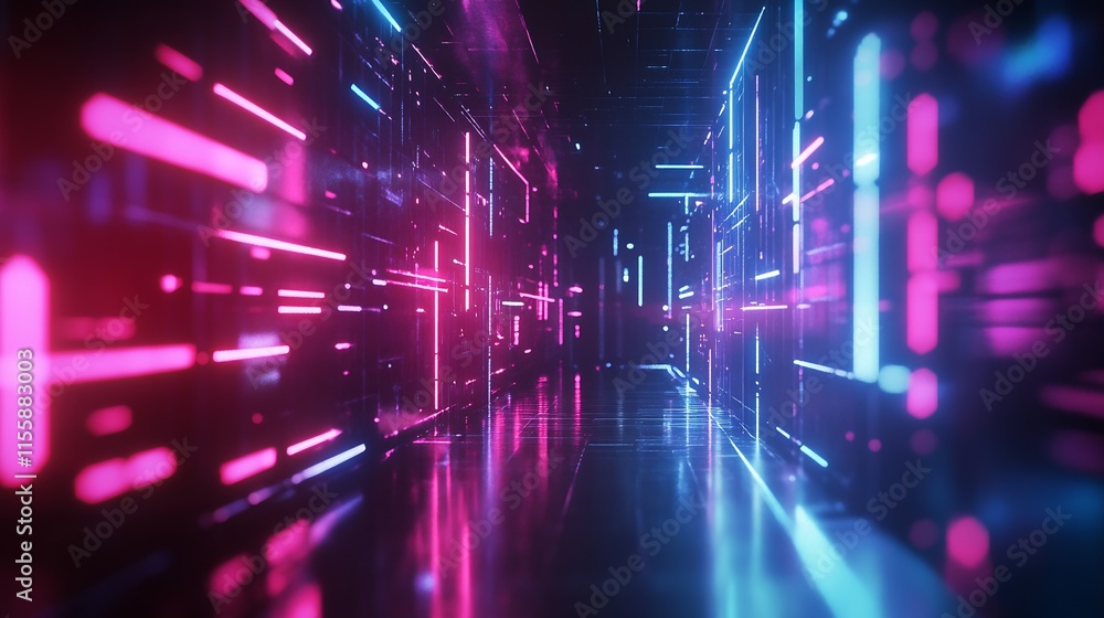 Poster neon lit futuristic sci-fi corridor with vibrant colors and reflections : generative ai