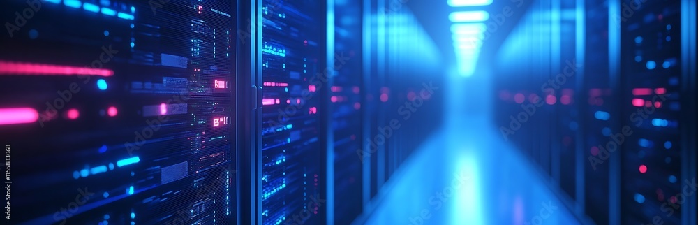 Aufkleber futuristic data center interior with glowing server racks in blue neon lighting : generative ai