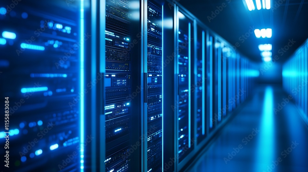 Poster modern blue lit data center servers symbolizing high tech and digital connectivity : generative ai