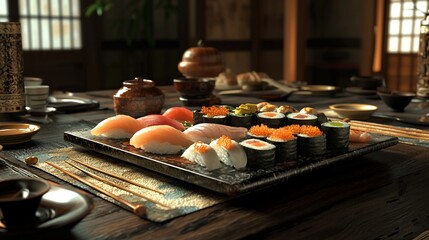 Delicious sushi assortment on a dark wooden table in a traditional Japanese setting.