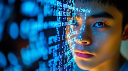 Close Up of Young Person with Futuristic Digital Code Reflected on Face : Generative AI