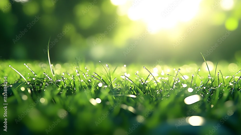 Aufkleber close-up of lush green grass with morning dew and sunlight creating a magical atmosphere : generativ