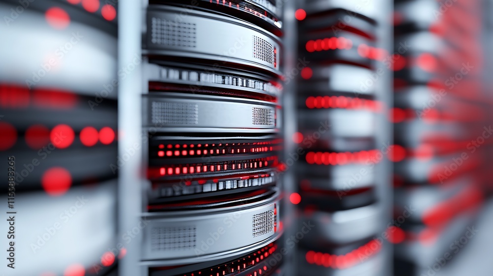 Leinwandbilder close-up of modern data servers with red led lights in a high-tech environment : generative ai