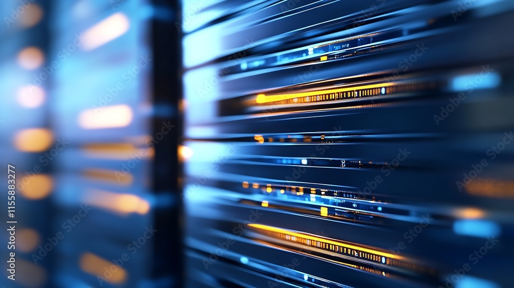 Poster Close up of futuristic blue data center technology with illuminated server lights in sleek digital environment : Generative AI