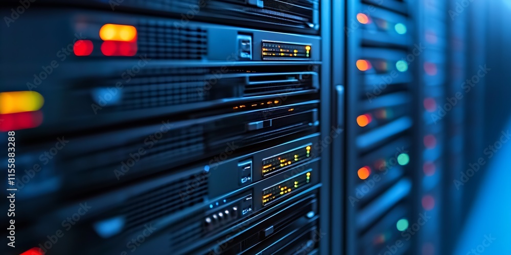Aufkleber Close-Up on Modern Data Center Servers With Vibrant LED Indicators and High-Tech Design : Generative AI
