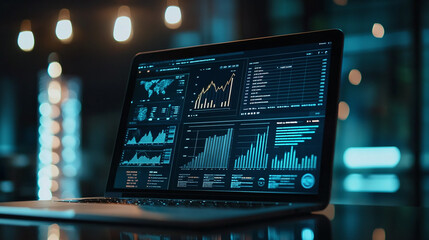 Laptop notebook computer display screen with business graphs, charts and analytics. corporate workplace dashboard analysis, company performance and growth statistics.