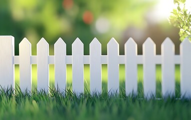 Idyllic White Picket Fence in Sunlit Garden Setting with Lush Green Grass Foreground : Generative AI