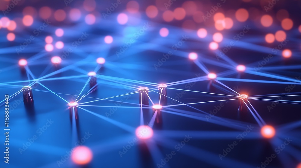 Aufkleber Abstract Network with Glowing Nodes and Connected Lines Digital Communication Concept : Generative AI