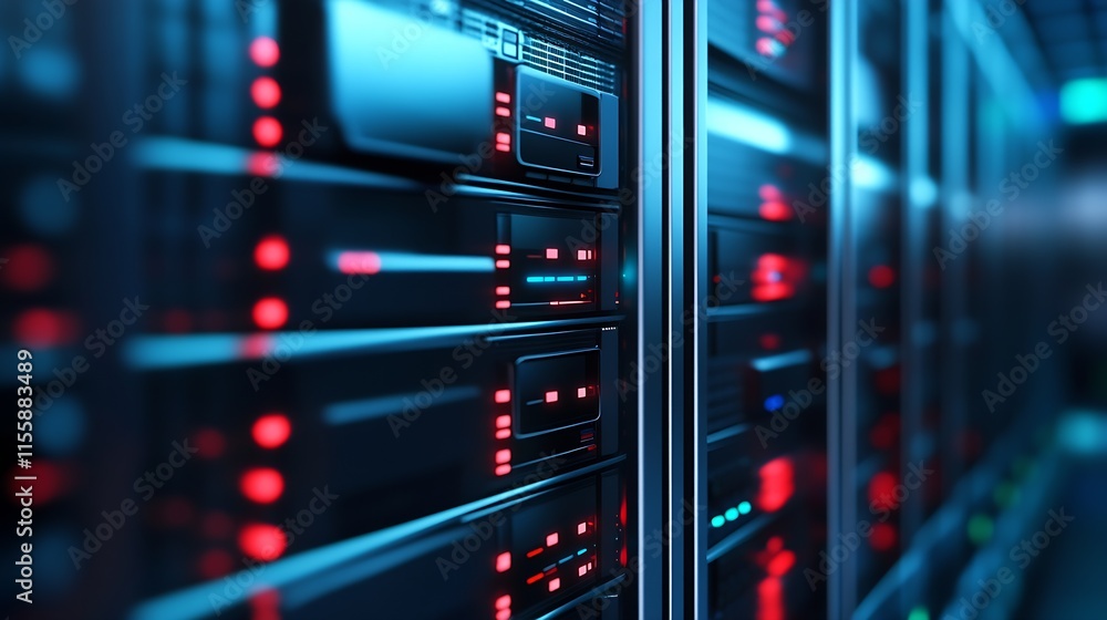 Poster Advanced Data Center Servers with Colorful LED Lights in a Modern Tech Environment : Generative AI
