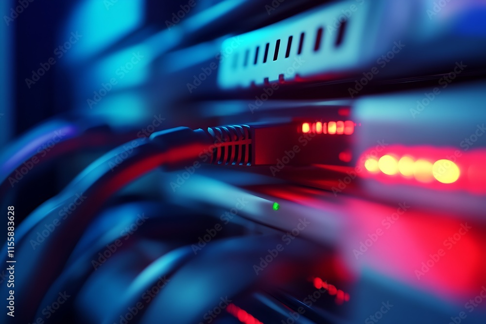 Aufkleber Data Center Network Cables with Red and Blue Illuminated Lights in a Technological Environment : Generative AI