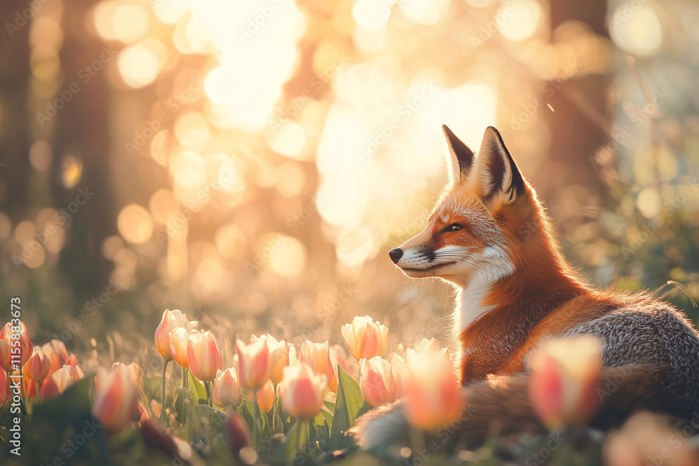 Aufkleber fox resting among blooming tulips with a soft golden light filtering through trees creating a serene
