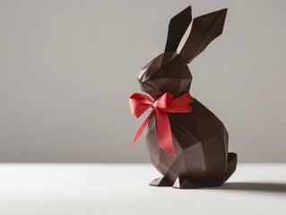 An origami-style Easter bunny crafted from rich chocolate,  adorned with a simple ribbon around its neck