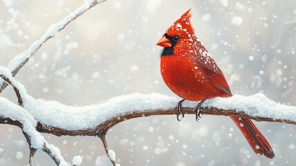 Illustrate a male cardinal perched on a snowy branch