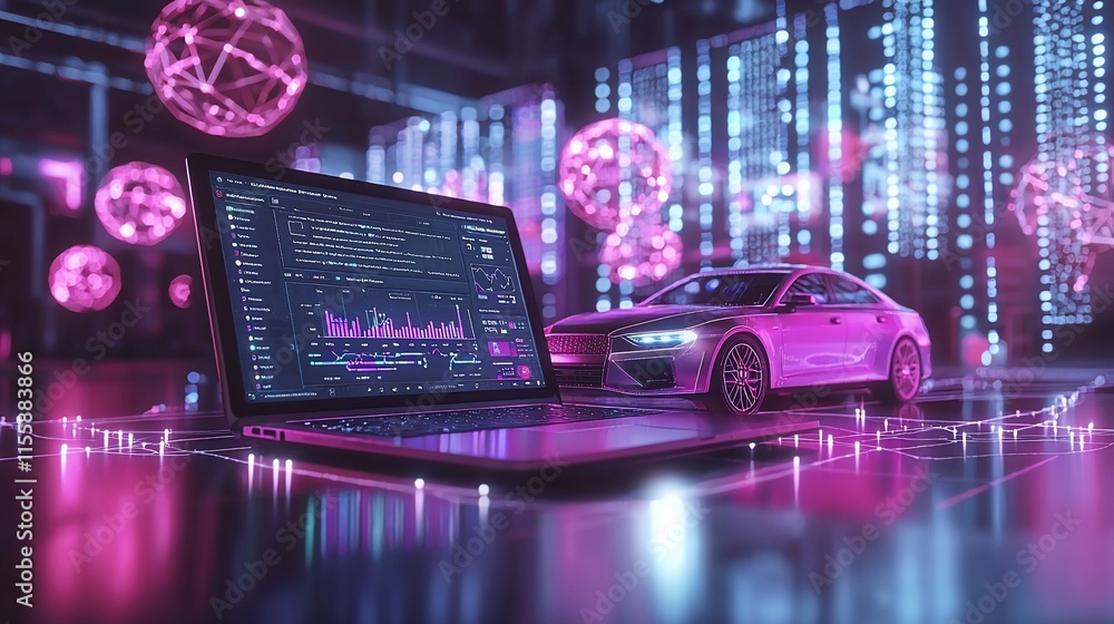 Poster Futuristic car design displayed on laptop screen with data visualization.