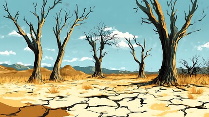 Illustrate a metaphorical scene of dead trees on cracked, dry ground to represent the impacts of drought, water shortages, and climate change