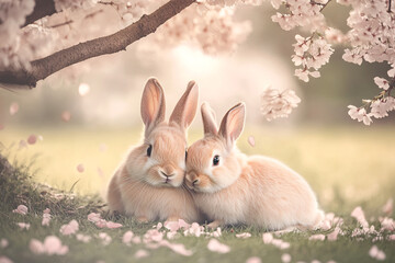 Obraz premium Two adorable light brown rabbits nestled together under a blooming cherry tree with soft pink flowers and grass surroundings