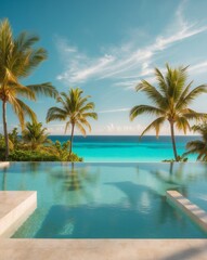 Obraz premium Serene Luxury Destination with Pool Overlooking Crystal Clear Ocean and Lush Palm Trees