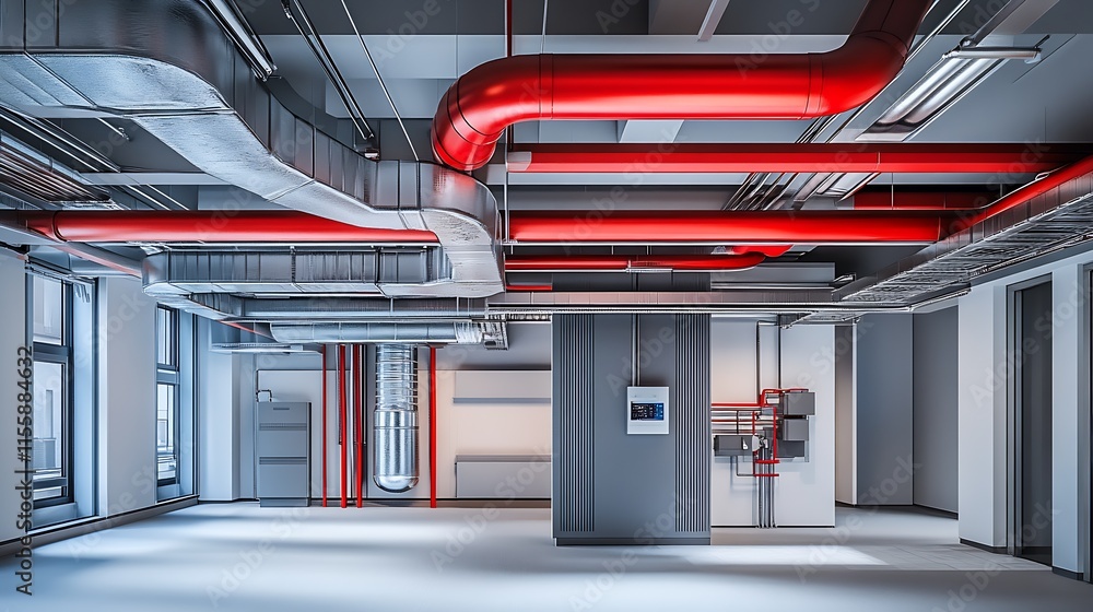 Poster modern industrial building with red hvac piping system and open ductwork : generative ai