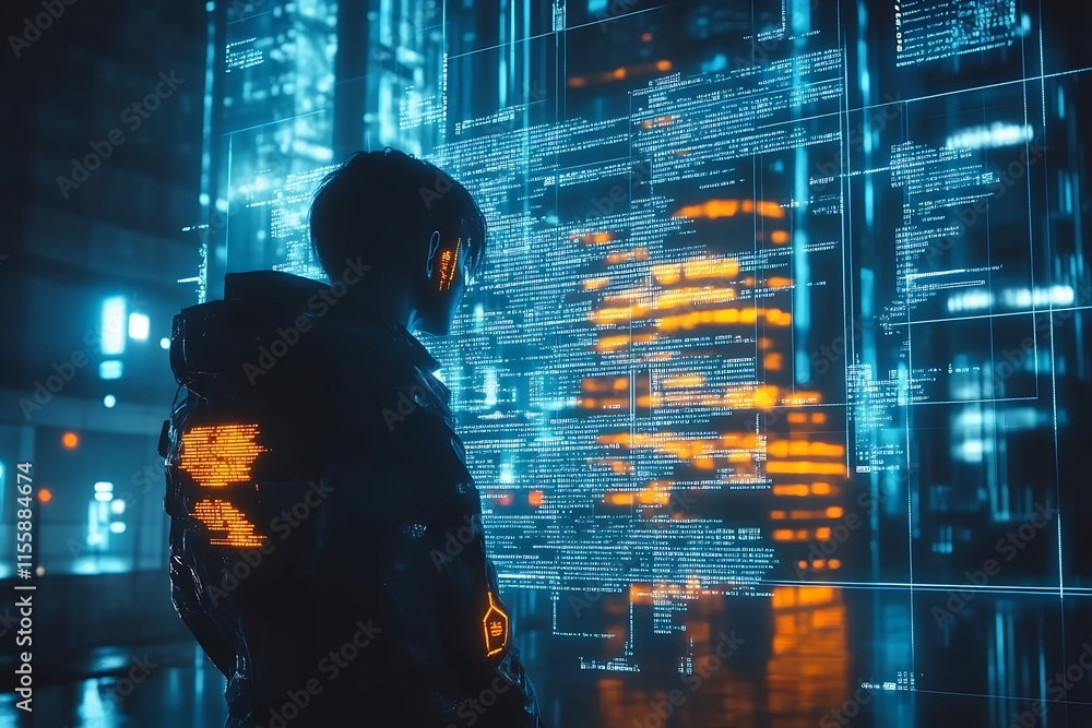 Poster person in futuristic city observing digital code with cybernetic technology : generative ai