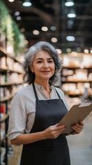 A senior Latina woman with gray hair smiles confidently while holding a clipboard in a cozy bookstore setting filled with shelves of books