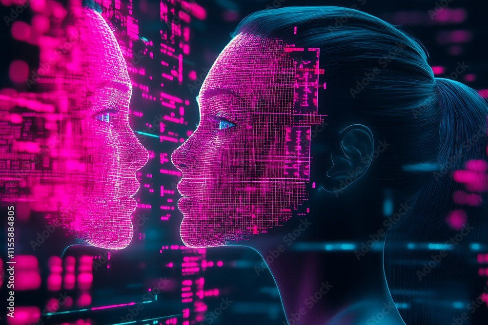 Poster Futuristic Digital Face Reflection with Neon Pink AI Algorithms in Virtual Reality : Generative AI