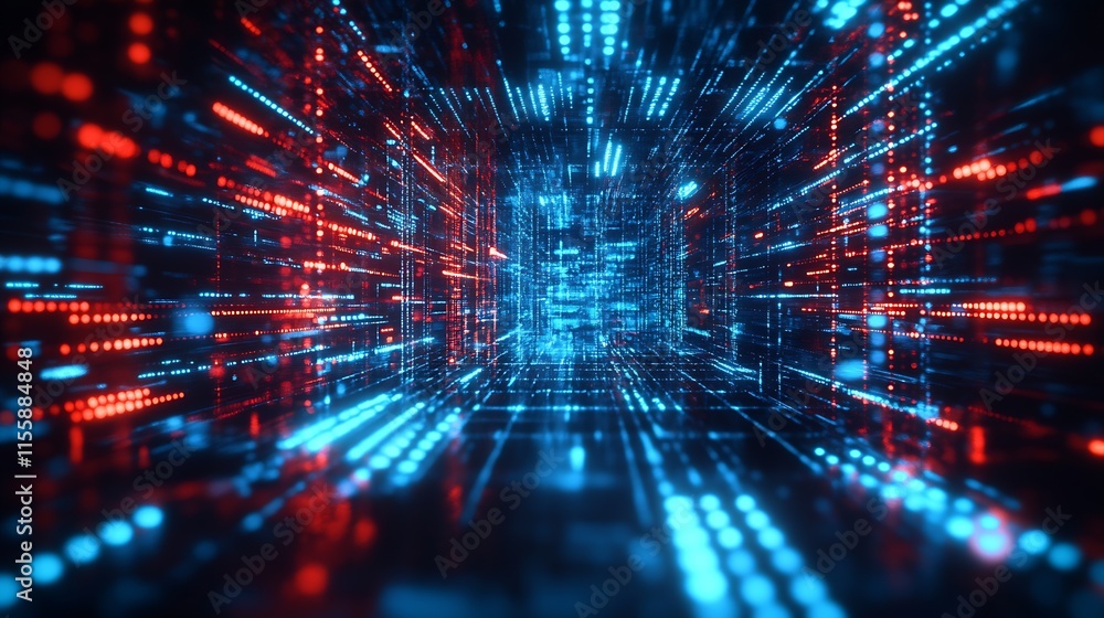 Poster Futuristic Digital Data Stream in Neon Blue and Red Technology Background : Generative AI