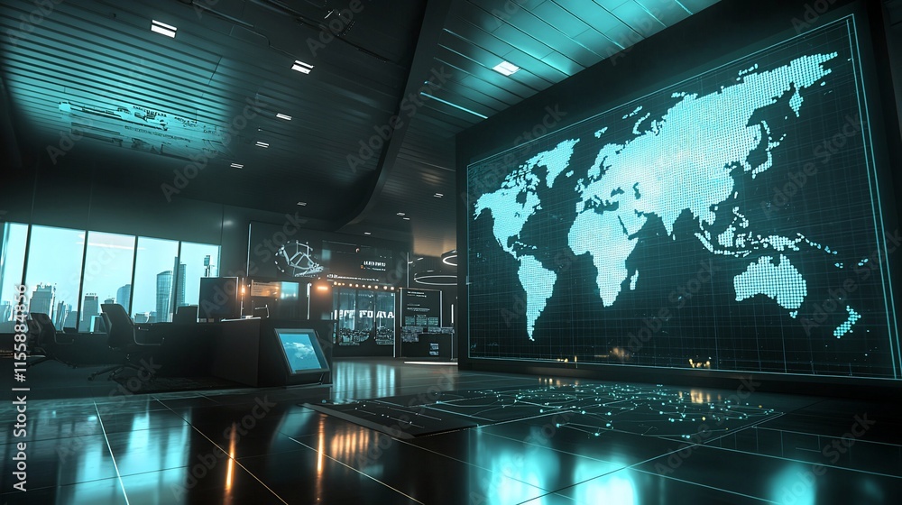 Poster Futuristic control room with world map display.