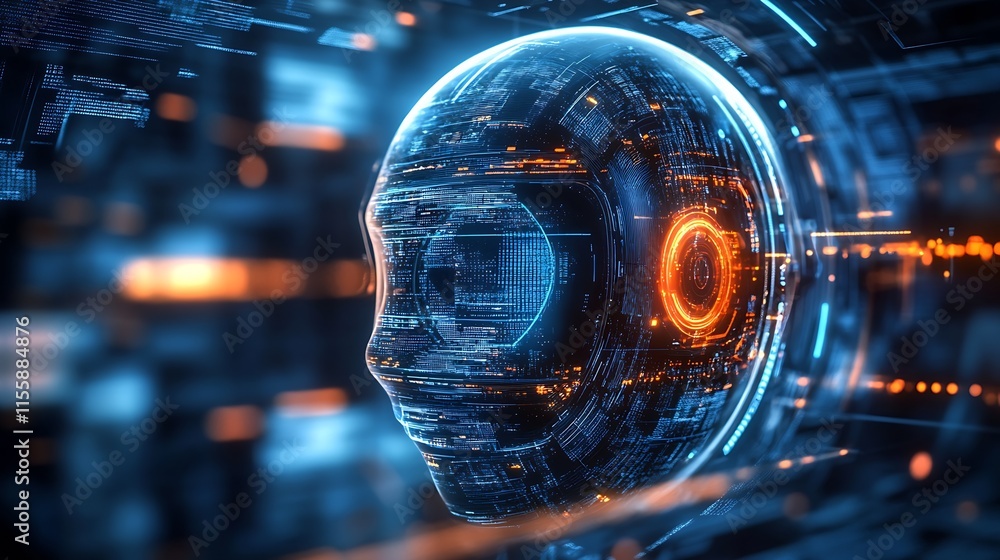 Aufkleber High-Tech Abstract Cyber Head with Digital Circuitry Elements : Generative AI