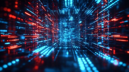 Futuristic Digital Data Stream in Neon Blue and Red Technology Background : Generative AI