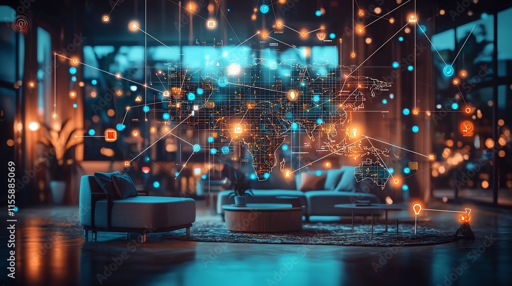 Poster global network connection visualized in modern living room.