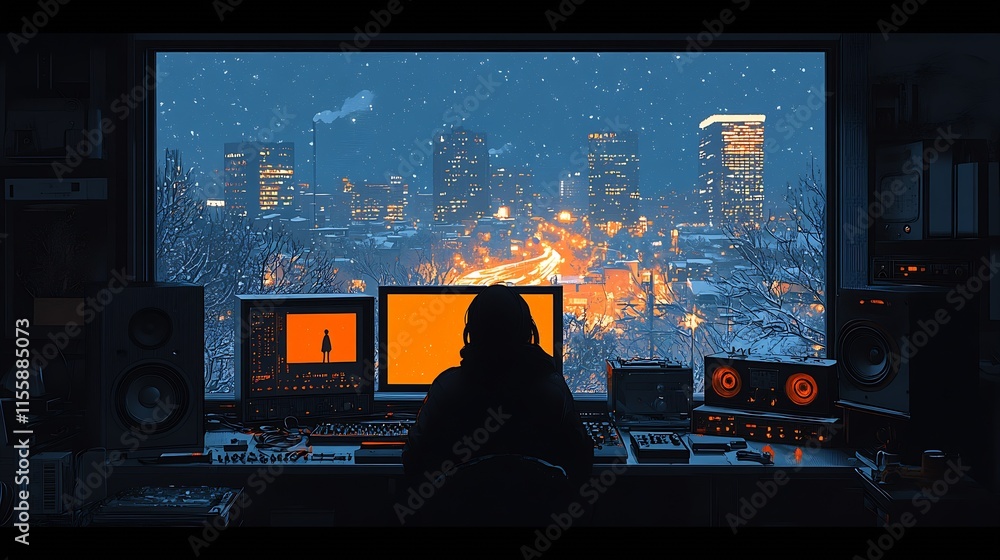 Poster tech enthusiast in home studio overlooking snowy urban cityscape at night : generative ai