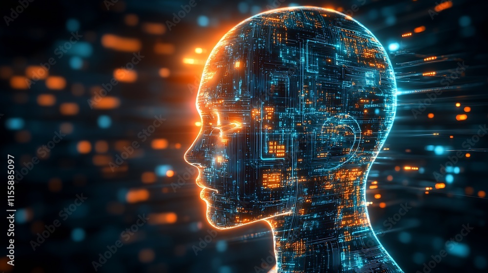 Poster digital human head with glowing circuit patterns in futuristic high tech display : generative ai