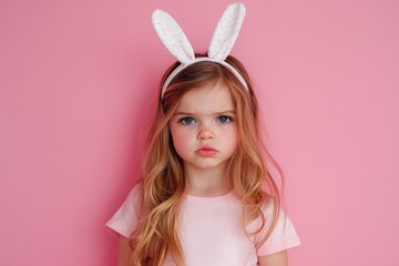 Adorable Little Girl with Bunny Ears, Surprised Emotions on a Playful Pink Background - Perfect for Easter Greetings