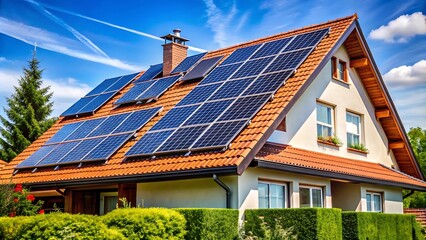 Fototapeta premium Solar Panels on House Roof Harnessing Photovoltaic Energy for Clean and Sustainable Residential Power Solutions