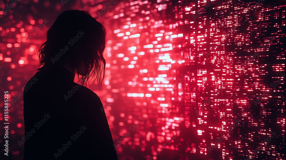 Poster Mysterious Silhouette of Person Amidst Illuminated Red Digital Code : Generative AI