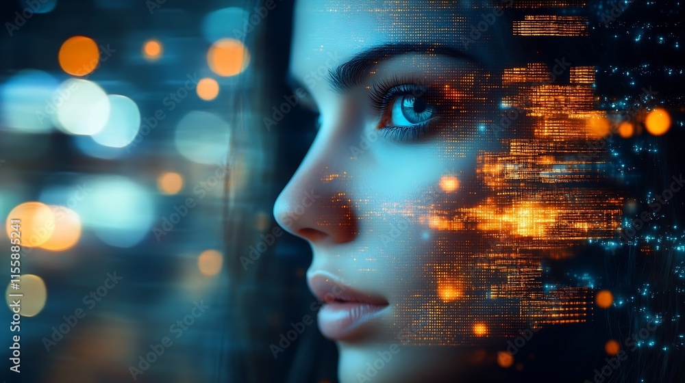 Aufkleber futuristic woman with digital augmented reality interface and holographic elements : generative ai
