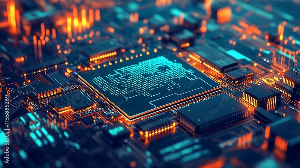 Poster Futuristic Circuit Board with Artificial Intelligence Chip in Glowing Neon Lights : Generative AI