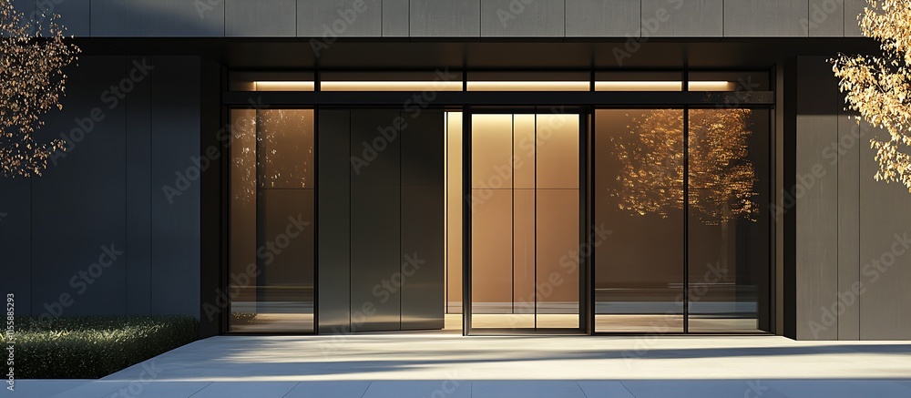 Poster Stylish Glass Doorway of Modern Building Illuminated by Soft Evening Light : Generative AI