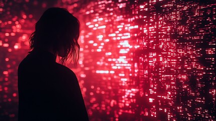 Mysterious Silhouette of Person Amidst Illuminated Red Digital Code : Generative AI