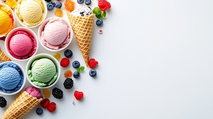 Illustrate a visually appealing top-down scene of colorful ice cream scoops in bowls, each with different flavors, accompanied by waffle cones and fresh berries
